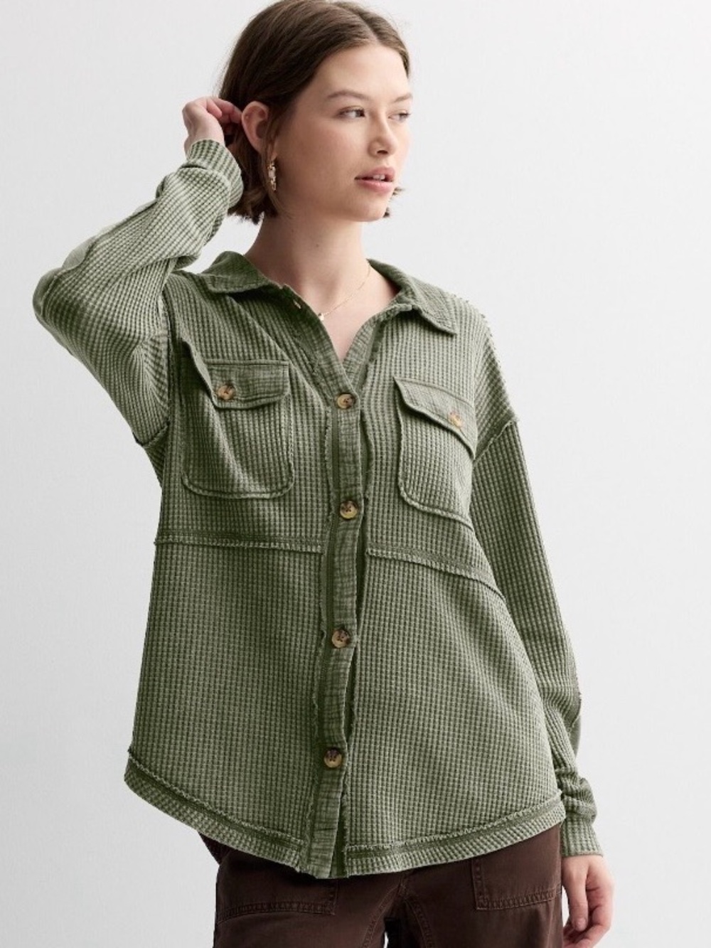 Rewind Button Front Knit Shacket Green XL